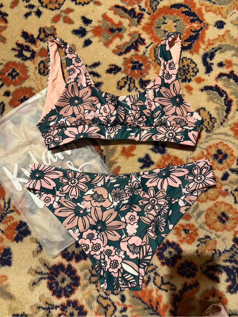 Kulani Kinis Pink & Dark Green Floral Bikini Set